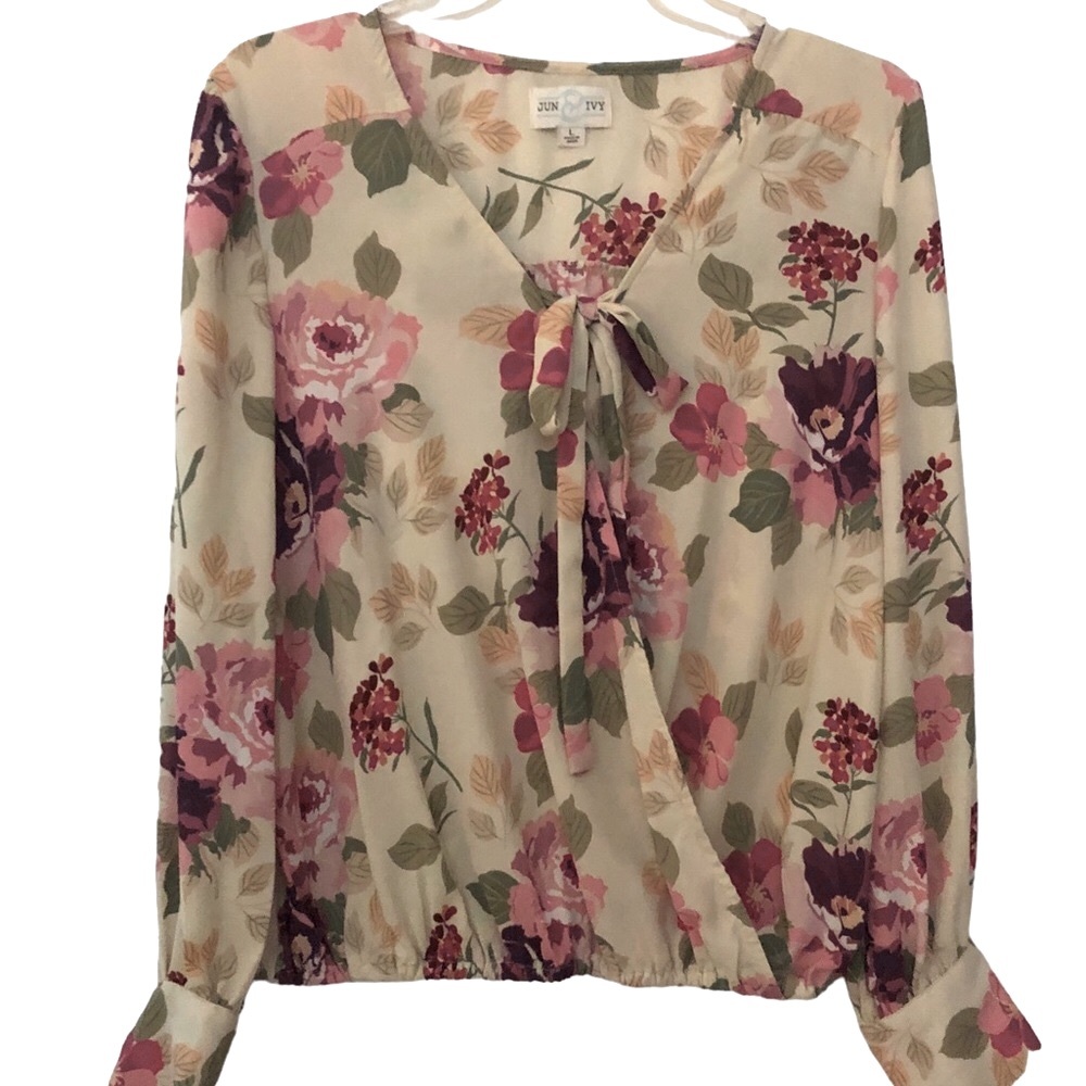 Jun & Ivy women’s blouse long sleeve blouson style v-neck pop over size L floral